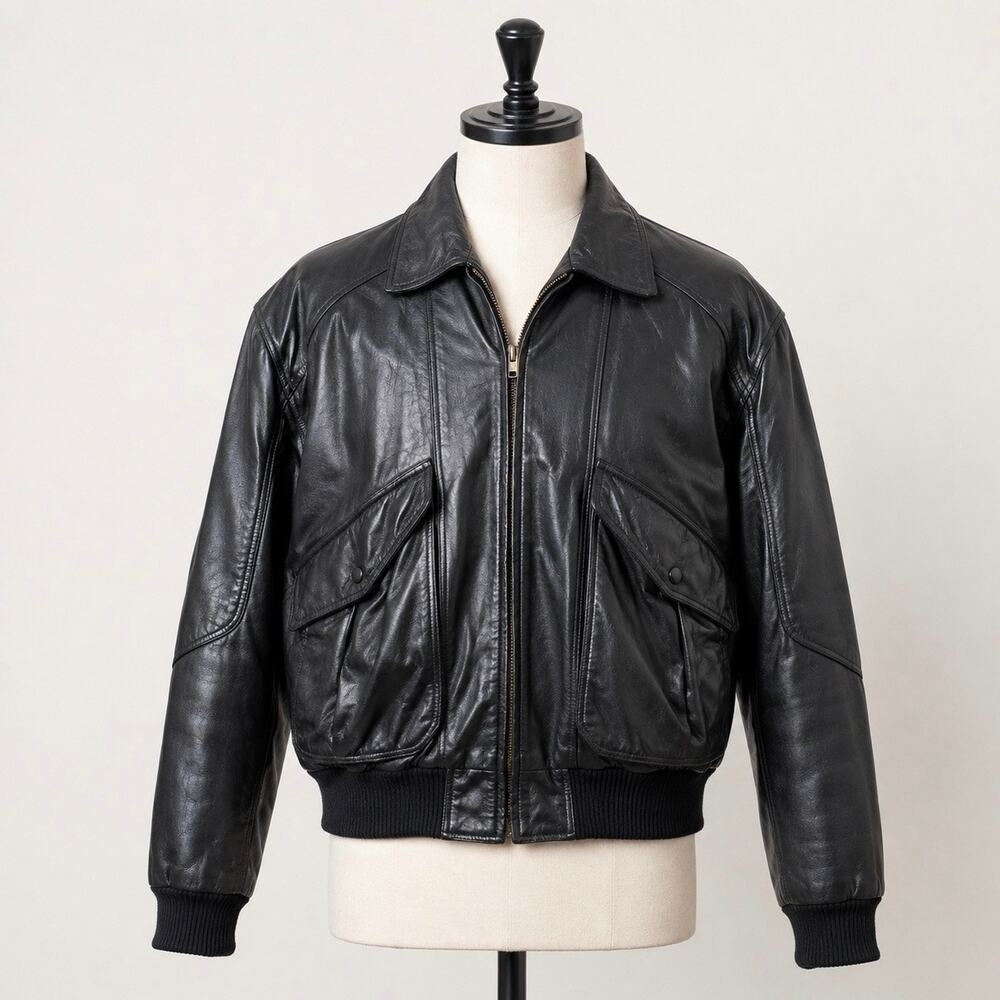 Vintage Byrnes & Baker Black Leather Bomber Jacket Mens M Zip Front Ribbed Trim